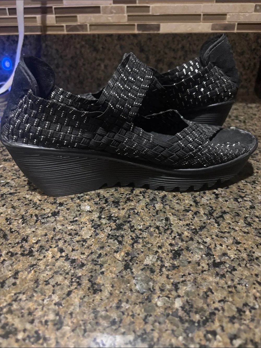 bernie mev. Black & Silver Woven Wedge Sandals